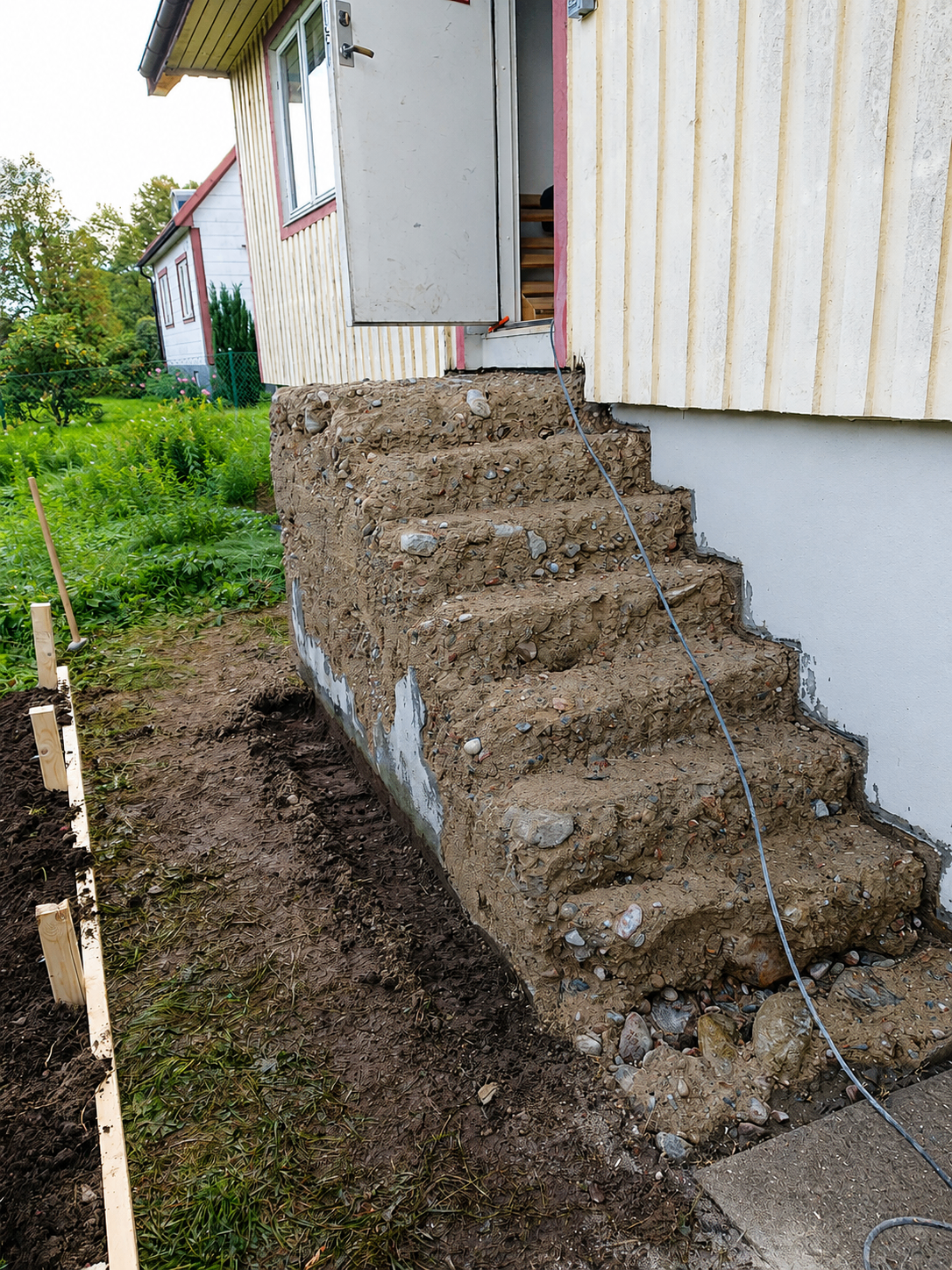 Entrétrappa före renovering i rå betong utan färdigt räcke.
