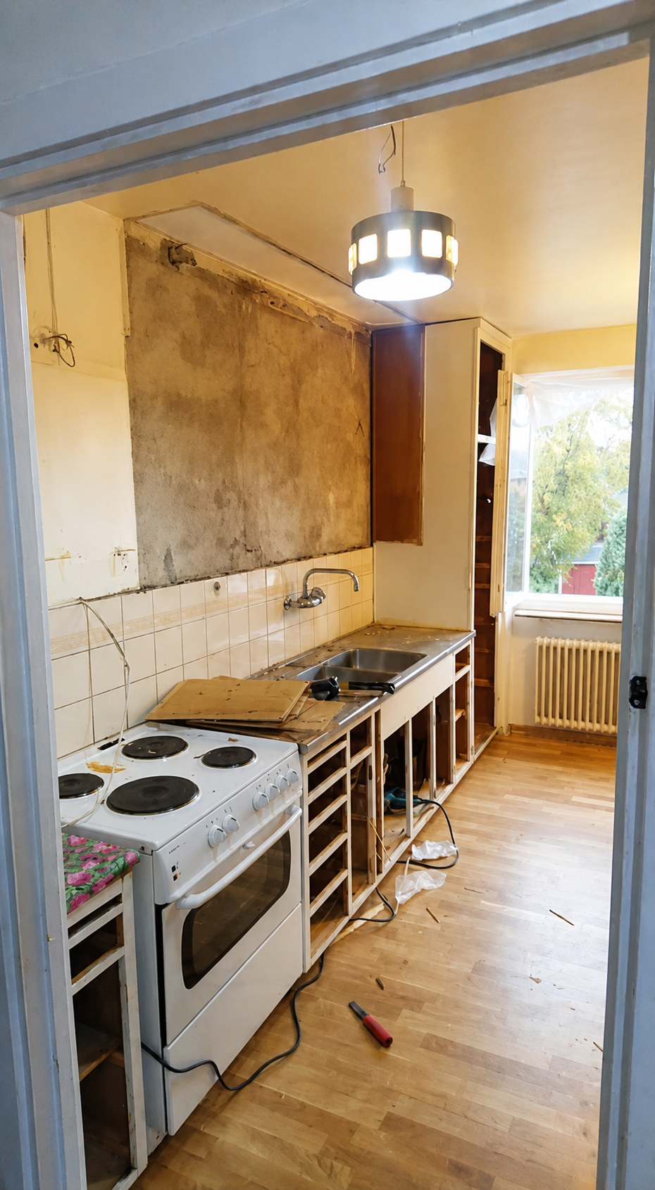 Kök före renovering med äldre stommar, lös spis och sliten vägg.